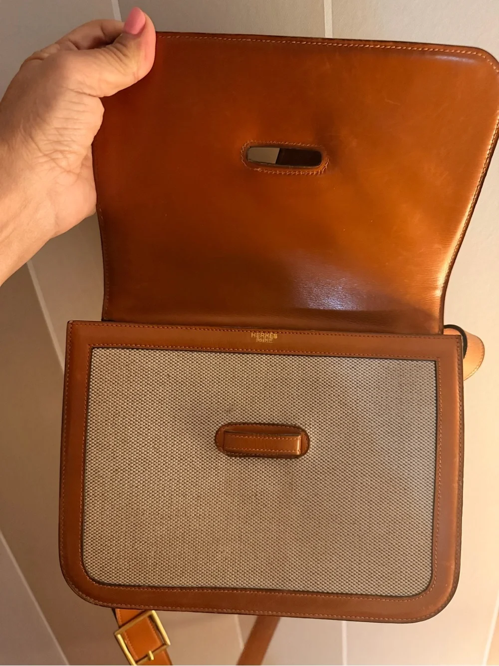 Hermes Beige Canvas and Tan Leather Shoulder Bag - Picture 5 of 6